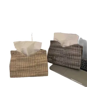 Woven tissue box desktop storage holder elegant PU leather napkin container for home decor