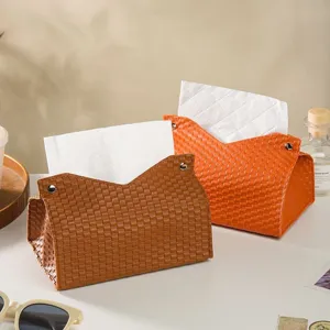 Woven leather tissue box for living room desktop, stylish PU napkin holder home decor main.