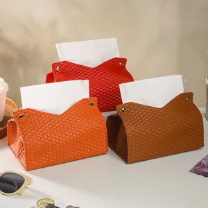 Woven leather tissue box for living room desktop, stylish PU napkin holder container for home decor.