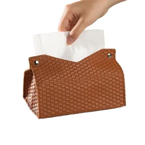 Brown woven leather tissue box holder modern desktop napkin container for home decor room