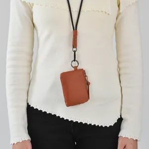 Brown mini neck coin purse portable zipper card holder with lanyard for women daily travel use.