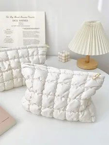 White quilted cosmetic bag portable puffer makeup pouch soft travel zipper organizer storage pouch