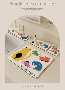 Diatomaceous earth absorbent mat set for bathroom sink and faucet splash guard counter.