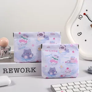 Mini PU Leather Cosmetic Pouch Cute Cartoon Cat Hot Springs Pattern Portable Spring Closure Coin Purse Makeup Bag