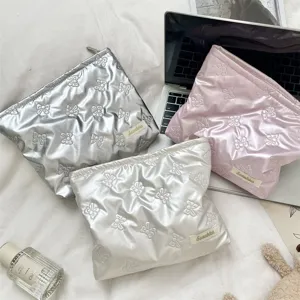 Koreanischer Stil PU Geteilte Make-up-Tasche Tragbare Große Kapazität Kulturbeutel Süße Schleife Damen Reise Aufbewahrung Handtasche