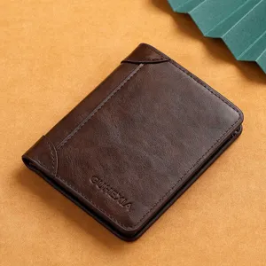 Men's bifold vertical genuine leather wallet with classic brown texture and card slots.