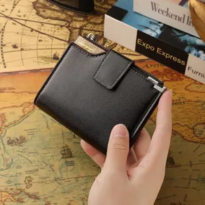 Men's stylish short leather wallet with multiple card slots, coin pocket, and snap closure.