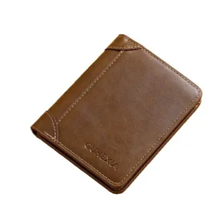 Men's brown vertical bifold wallet with premium leather texture and durable stitching style.