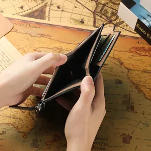 Men's short leather wallet with multiple card slots and zipper pocket for daily use.
