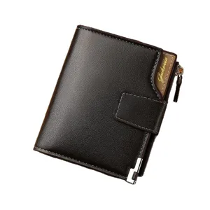Men's short leather wallet with card slots, coin zipper pocket, and metal corner accent.