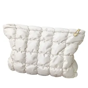 White quilted puffer cosmetic bag cloud pouch portable makeup organizer travel toiletry bag
