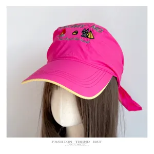 Hot pink wide-brim bucket baseball cap with camping embroidery and tail scarf design for women.