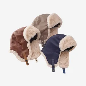 Winter faux leather bomber hat thick plush warm windproof aviator ushatanka cap for cold days