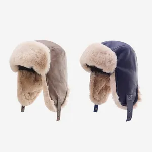 Winter warm faux leather trapper hat with thick plush earflaps for outdoor riding.