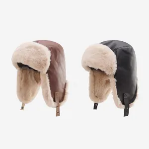 Faux leather winter bomber hat detail, thick plush earflap warm riding pilot hat, brown/black.