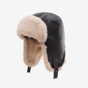 Winter faux leather bomber hat with plush ear flaps, thick warm windproof ushanka hat for cold weather.