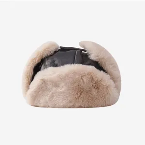 Faux leather winter warm ushanka bomber hat thick plush earflap riding cap for unisex adults