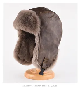 Vintage leather trapper hat for men and women, thick warm winter bomber hat with earflaps.