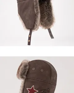 Winter Pelz Ushanka Pilotenmütze mit rotem Stern, winddichte warme Kappe für kaltes Wetter.