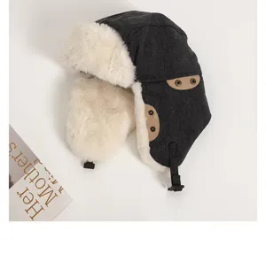 Thick winter denim trapper hat with warm faux fur lining, earflaps and adjustable buckle strap.