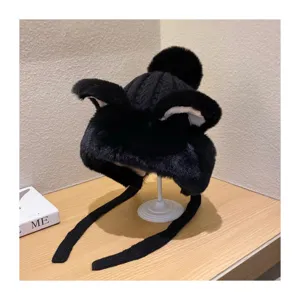 Black plush ear-flap hat with cute cat ears design, warm knitted winter cap for women.