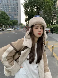 Faux leather ushanka hat winter warm fleece pilot cap for women men thick windproof earflap