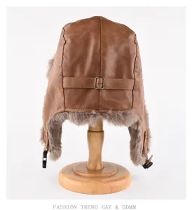 Retro brown leather bomber hat with plush earflaps, winter warm ushanka pilot hat for outdoor.