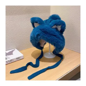 Cozy blue plush cat ear trapper hat with knitted long straps, thick winter warm knit beanie cap.