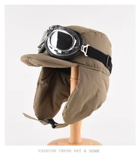 Cappello da aviatore invernale caldo con occhiali, berretto da sci antivento per uomo e donna.