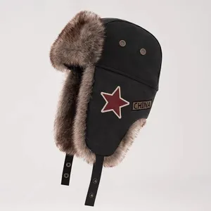 Winter Ushanka Pilotenmütze Winddicht Ohrenklappen Warme Kappe mit Roter Stern Plakette