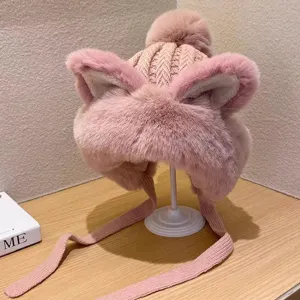 Winter Warm Thickened Plush Earflap Hat Women Cute Cat Ear Knitted Beanie Fleece Lined Thermal Bomber Hat