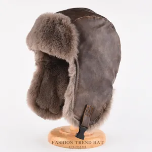 Retro Artificial Leather Bomber Hat Men Women Winter Thickened Warm Plush Ear Protection Trapper Hat Aviation Pilot Cap