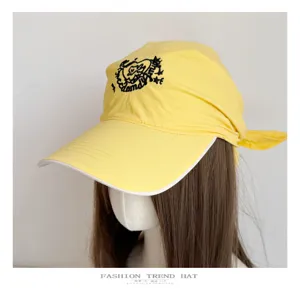 Yellow sun protection baseball cap with headscarf tail, stylish embroidered design for women.