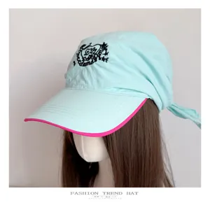 Korean style embroidered wide brim headscarf sun hat for women, fashionable outdoor cap.