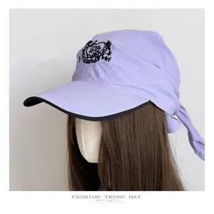 Purple embroidered headscarf baseball hat with brim, trendy street style sun protection cap.