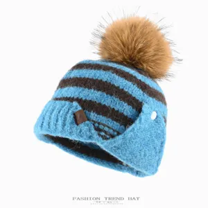 Women Winter Warm Thick Knit Beanie Hat Striped Faux Fox Fur Pom Pom Earflap Thermal Skull Cap Fashion Headwear