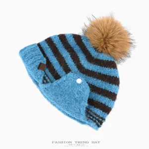 Korean style striped knitted beanie hat with faux fur pom pom and earflaps for women winter
