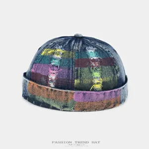 Casquette Docker en Denim Rétro Effet Usé Colorée Peinte à la Main Streetwear Casual Ajustable Chapeau