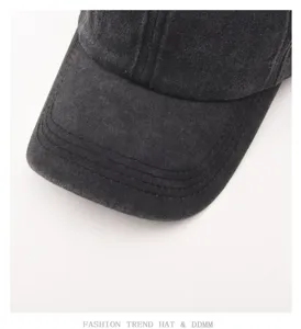Vintage washed distressed baseball cap detail, casual cotton sun hat for men and women.