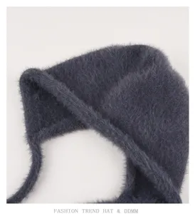 Dark grey plush balaclava hat detail, cozy fluffy knit winter earflap cap with cute ties.