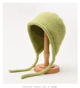 Green plush knitted earflap bonnet hat, soft winter cozy warm fashion women hat.