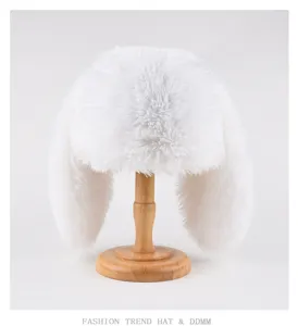 Sombrero de trampero de felpa blanca con orejas de conejo, gorro cálido y esponjoso de invierno.