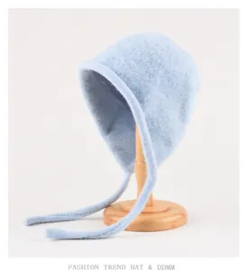 Cute plush knitted bonnet hat autumn winter earflap trapper hat soft blue style
