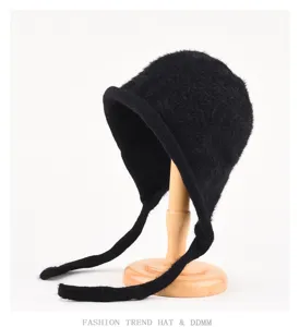 Black plush bonnet hat with long ties, autumn and winter warm knitted earflap ushanka.