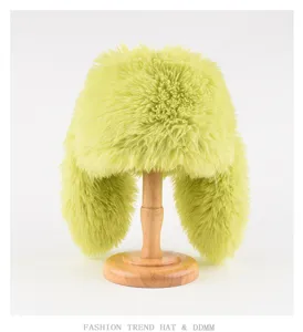 Gorro bomber de pelo sintético verde, gorro de invierno cálido con orejas largas.