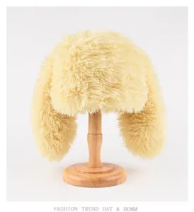 Gorro de trampero de felpa con orejas de conejo amarillo gorro de invierno calido