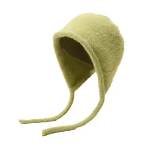 Women Winter Warm Plush Knitted Ear Flap Bomber Hat Sweet Cute Korean Style Solid Color Thermal Beanie Hat Outdoor