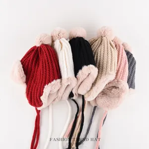 Women Winter Warm Knit Bomber Hat Thickened Plush Ear Flap Fleece Lined Windproof Casual Outdoor Ski Hat