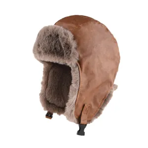 Vintage brown faux leather trapper hat with warm plush earflaps for winter outdoor travel