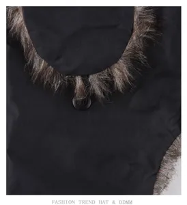 Winter warm black trapper hat detail shot, waterproof taslan fabric with soft faux fur trim.